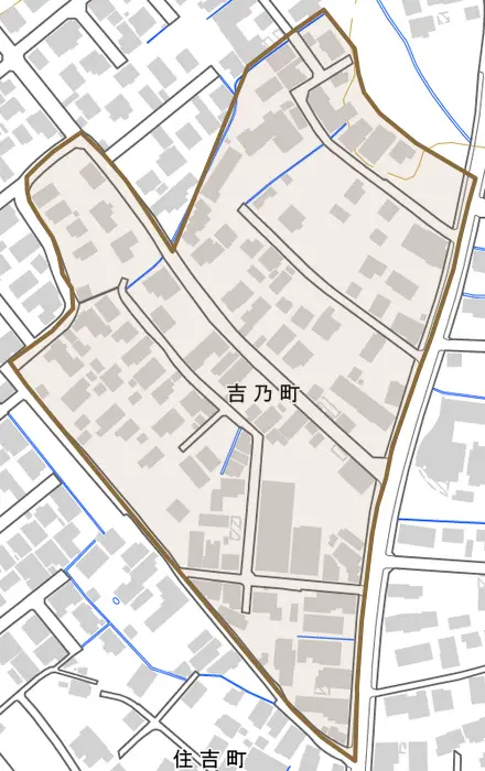 吉乃町とその周辺の地図。町の範囲を重ねている