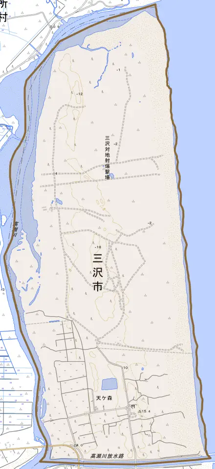 大字天ケ森とその周辺の地図。町の範囲を重ねている