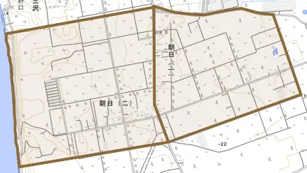 朝日とその周辺の地図。町の範囲を重ねている