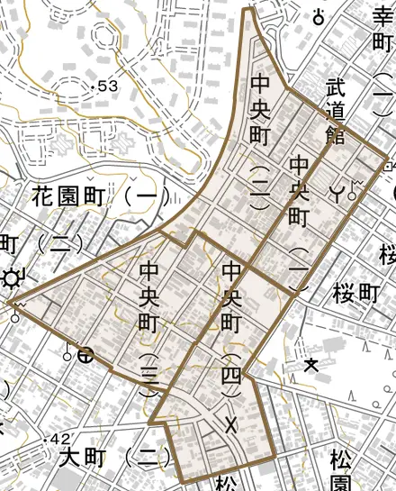 中央町とその周辺の地図。町の範囲を重ねている