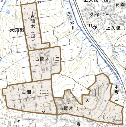 古間木とその周辺の地図。町の範囲を重ねている