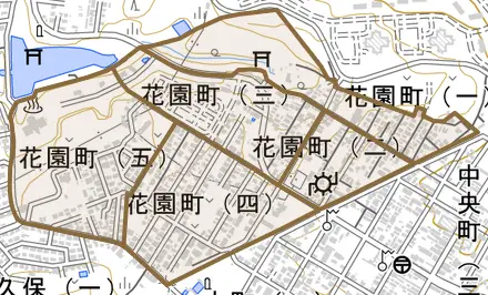 花園町とその周辺の地図。町の範囲を重ねている
