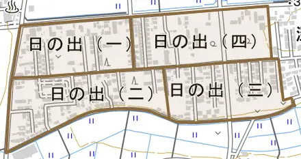 日の出とその周辺の地図。町の範囲を重ねている