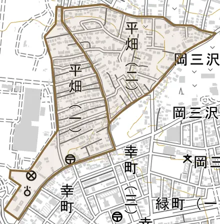平畑とその周辺の地図。町の範囲を重ねている