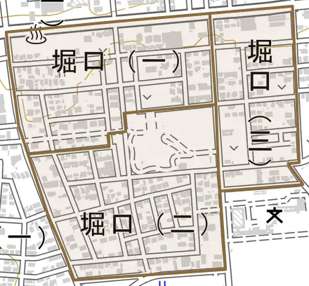 堀口とその周辺の地図。町の範囲を重ねている