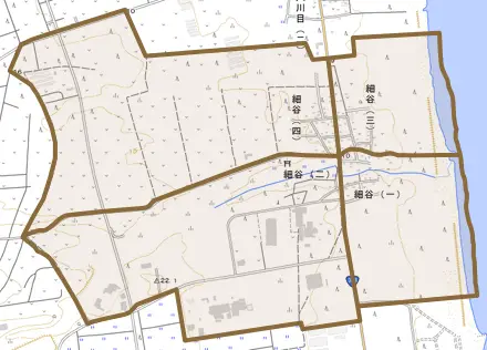細谷とその周辺の地図。町の範囲を重ねている