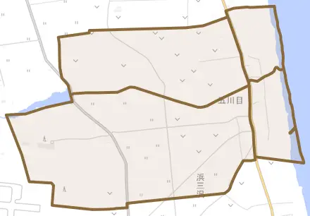 五川目とその周辺の地図。町の範囲を重ねている