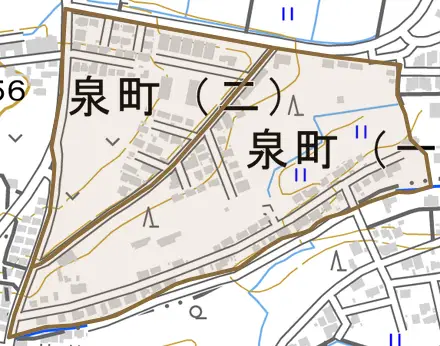 泉町とその周辺の地図。町の範囲を重ねている