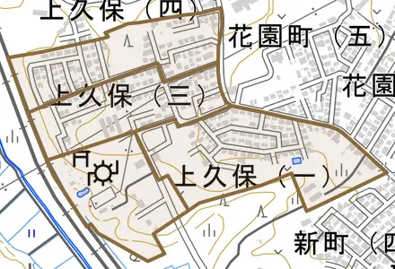 上久保とその周辺の地図。町の範囲を重ねている