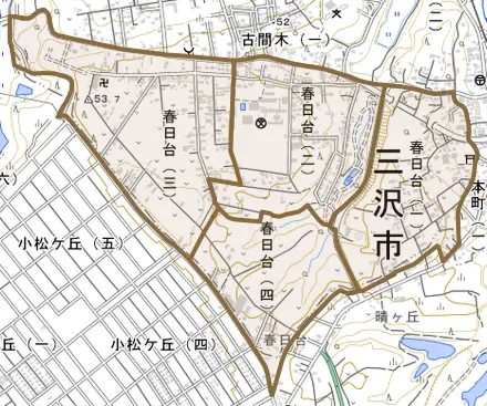 春日台とその周辺の地図。町の範囲を重ねている