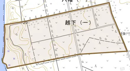 越下とその周辺の地図。町の範囲を重ねている