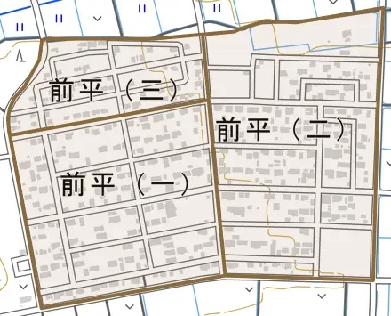 前平とその周辺の地図。町の範囲を重ねている