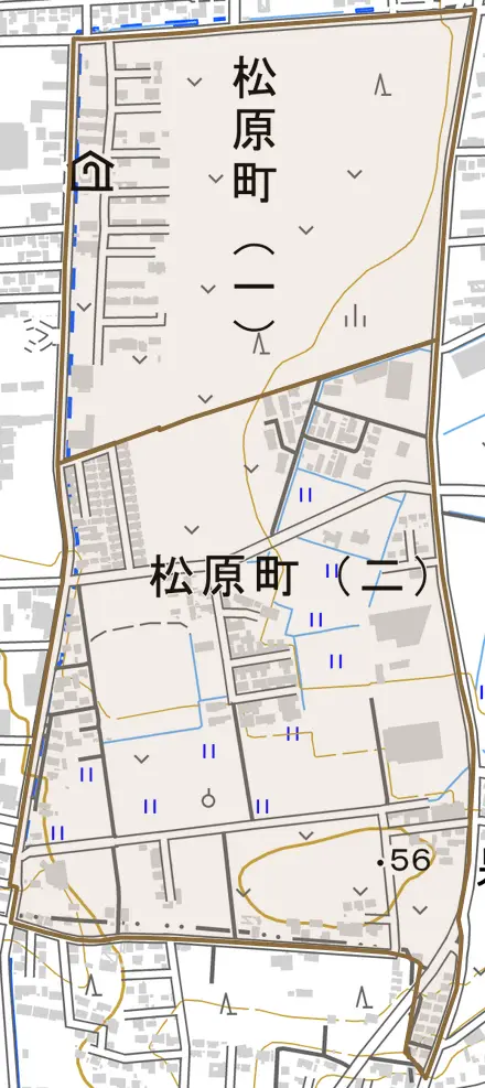 松原町とその周辺の地図。町の範囲を重ねている