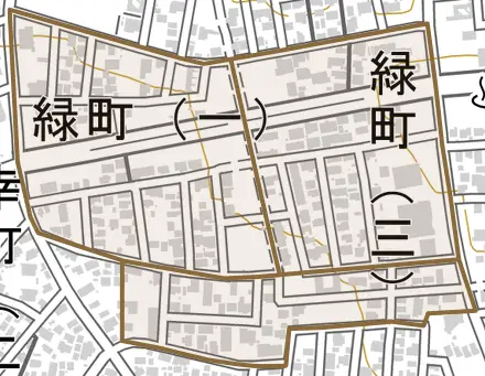 緑町とその周辺の地図。町の範囲を重ねている