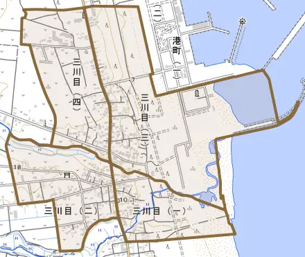 三川目とその周辺の地図。町の範囲を重ねている
