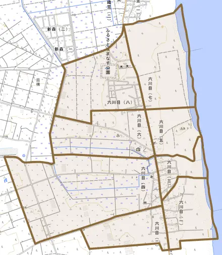六川目とその周辺の地図。町の範囲を重ねている