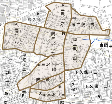 岡三沢とその周辺の地図。町の範囲を重ねている