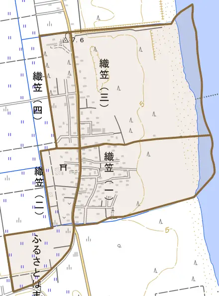 織笠とその周辺の地図。町の範囲を重ねている