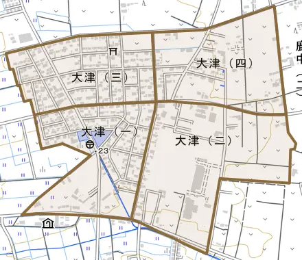 大津とその周辺の地図。町の範囲を重ねている