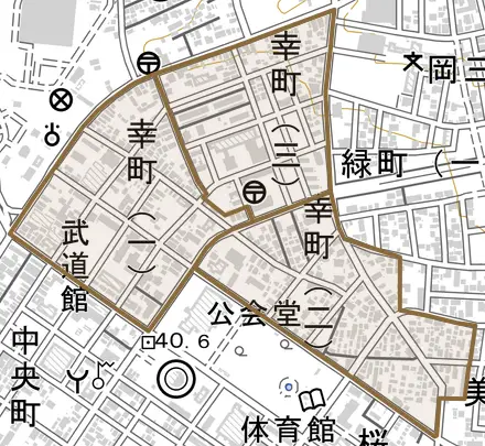 幸町とその周辺の地図。町の範囲を重ねている