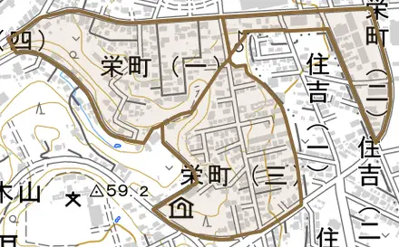 栄町とその周辺の地図。町の範囲を重ねている