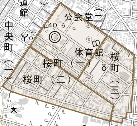 桜町とその周辺の地図。町の範囲を重ねている