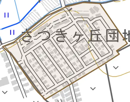 さつきヶ丘とその周辺の地図。町の範囲を重ねている