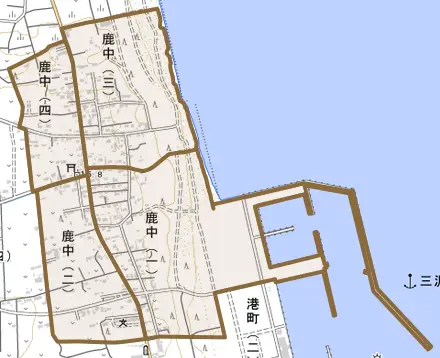 鹿中とその周辺の地図。町の範囲を重ねている