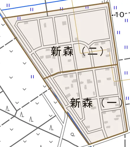 新森とその周辺の地図。町の範囲を重ねている