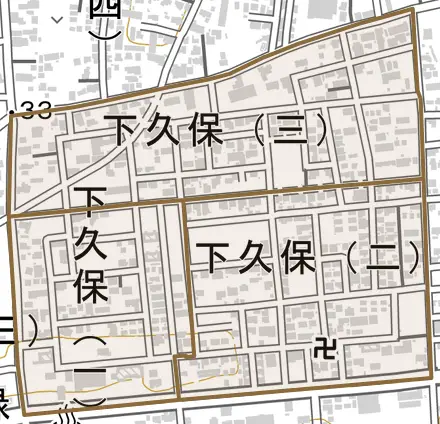 下久保とその周辺の地図。町の範囲を重ねている