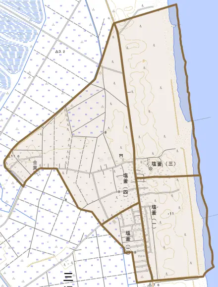 塩釜とその周辺の地図。町の範囲を重ねている