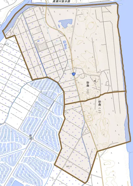 砂森とその周辺の地図。町の範囲を重ねている