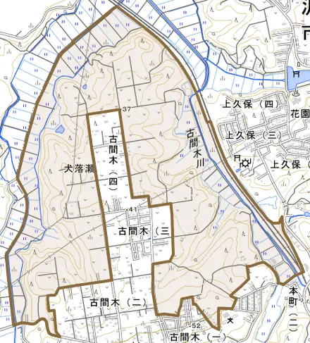 大字犬落瀬とその周辺の地図。町の範囲を重ねている
