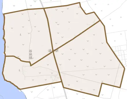 谷地頭とその周辺の地図。町の範囲を重ねている