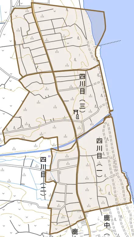 四川目とその周辺の地図。町の範囲を重ねている
