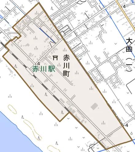 赤川町とその周辺の地図。町の範囲を重ねている