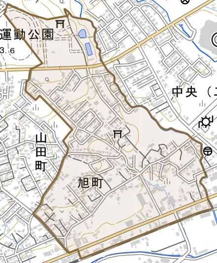 旭町とその周辺の地図。町の範囲を重ねている