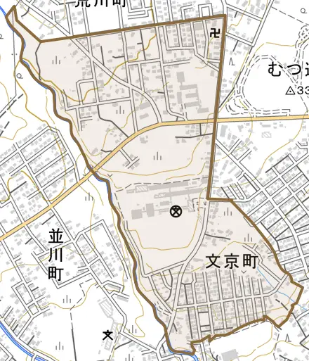 文京町とその周辺の地図。町の範囲を重ねている