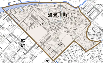 海老川町とその周辺の地図。町の範囲を重ねている