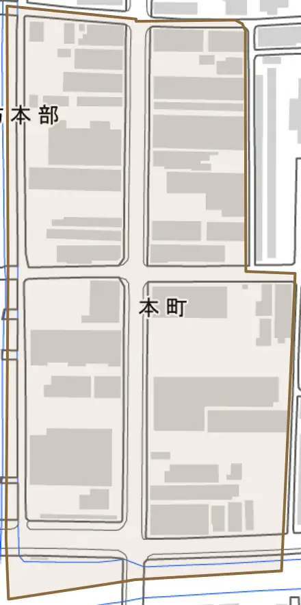 本町とその周辺の地図。町の範囲を重ねている