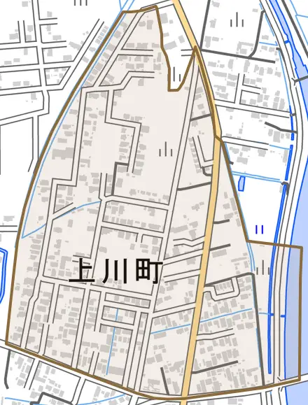 上川町とその周辺の地図。町の範囲を重ねている