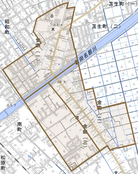 金曲とその周辺の地図。町の範囲を重ねている