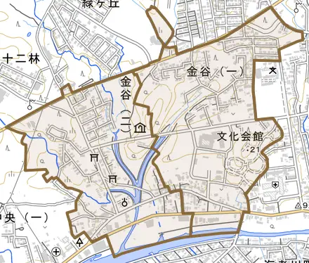 金谷とその周辺の地図。町の範囲を重ねている