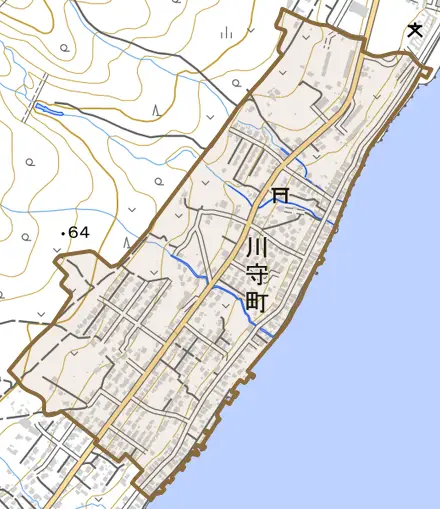 川守町とその周辺の地図。町の範囲を重ねている