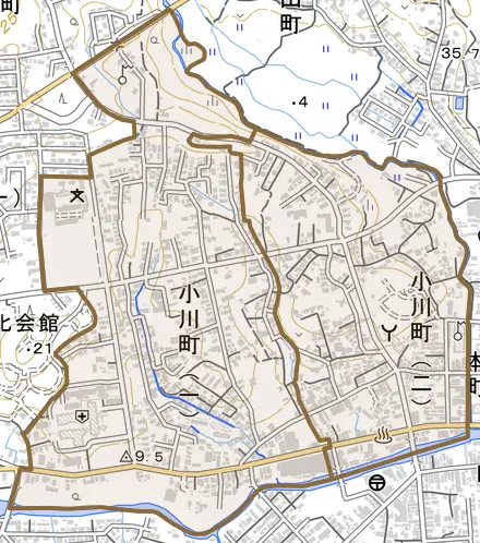 小川町とその周辺の地図。町の範囲を重ねている