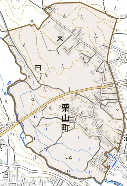 栗山町とその周辺の地図。町の範囲を重ねている