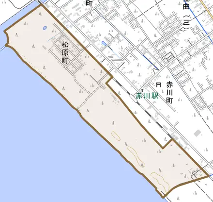 松原町とその周辺の地図。町の範囲を重ねている