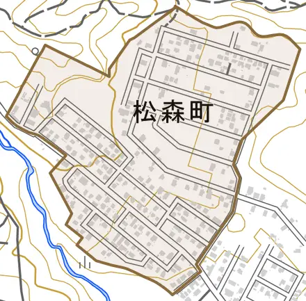 松森町とその周辺の地図。町の範囲を重ねている