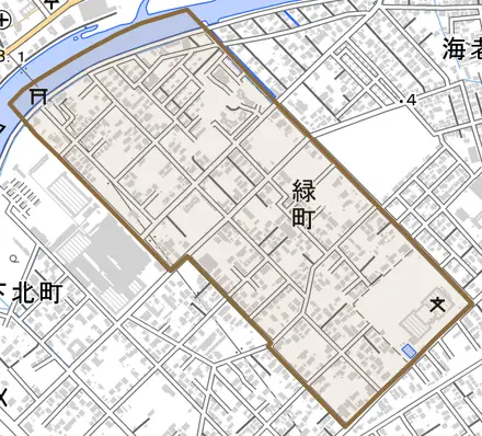 緑町とその周辺の地図。町の範囲を重ねている