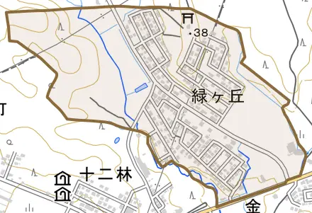 緑ヶ丘とその周辺の地図。町の範囲を重ねている